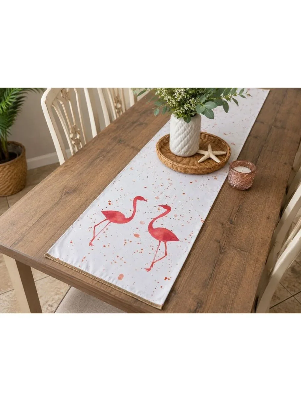 Thro by Marlo Lorenz Flamingo Table Runner 13x72 White Pink Coral Fringe NWT